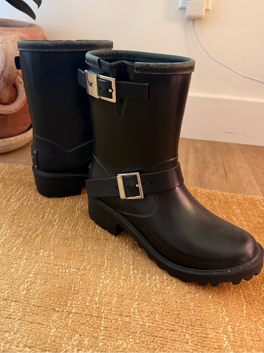 Michael Kors Black Rain Boot Ankle Boots with Buckle